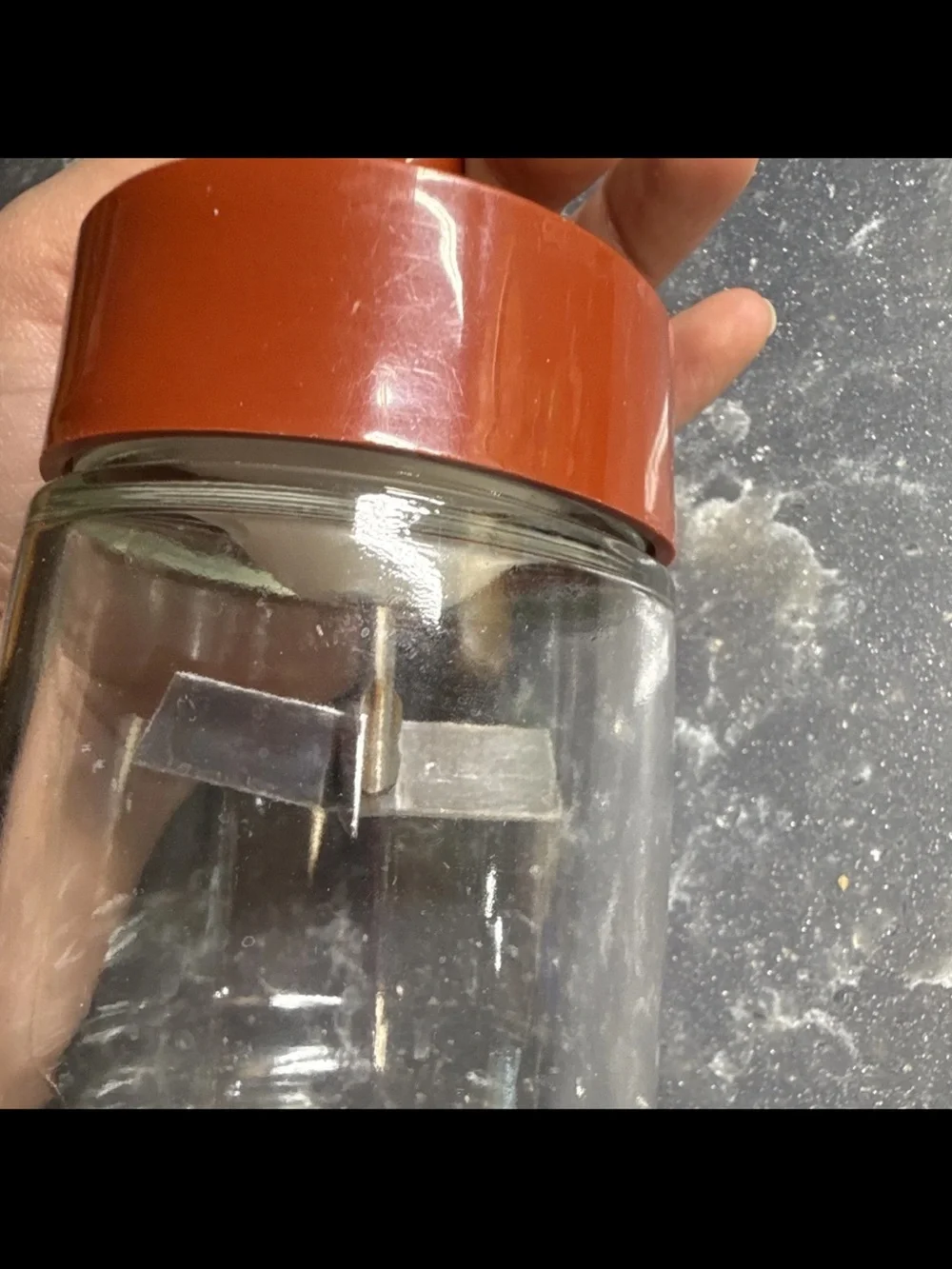 1970 Gemco Manual Nut Chopper w/ Glass Jar, orange Lid & Plastic Handle
